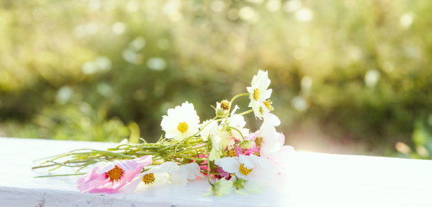 白い手すりの上の花束の写真