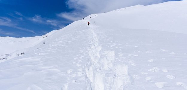 雪山に残された足跡の写真