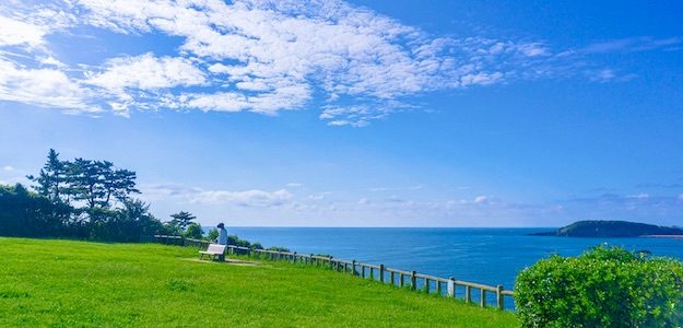 草原から見える海の写真